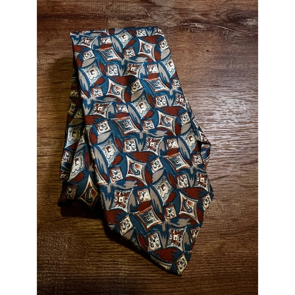 Saddlebred Geometric Abstract Necktie‎ Mens Blue Rust Tan EUC Classic Silk Blend